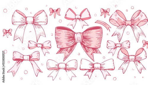 Hand drawn elegant pink bows and ribbons. Minimalist drawing sketch. Vintage vector illustration. Perfect for holiday poster, greeting cards, wedding invitations, branding,birthday, doodle, elegant,