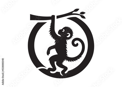 A monkey a monkey hanging on the tree stick Silhouette Vector Design
