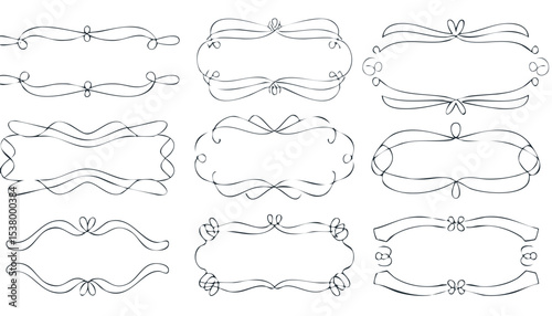 Collection of doodle hand drawn trendy frames with wavy lines, bows and ribbons. Minimalist line art. Modern whimsical borders for wedding invitations, birthday card, lunch menus. Vector,birthday, 