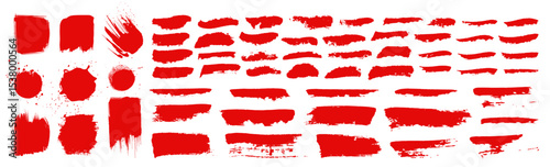 Red blood brushstrokes. Vector Chinese red ink lines pack. Bloody color painted brushstroke text highlights, frames, circles. Rough grunge abstract smear scribbles. Hand drawn maroon paint stains bg