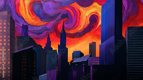 Colorful skyline at sunset with swirling clouds and vibrant hues.