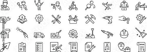 Handyman Services Outline Icon Set – Tools, Repair, and Maintenance Symbols, Handyman services outline icon set featuring tools, repair equipment, construction symbols, maintenance gear