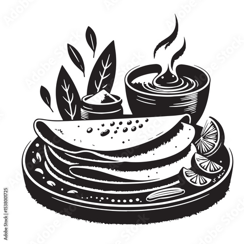 Black Masala Dosa Silhouette Vector, High Quality Illustration on White Background