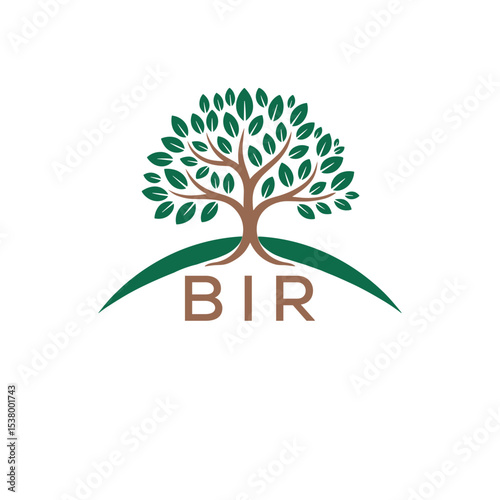 Eco Tree Logo with BIR Text – Green Nature Concept Emblem Design. BIR Letter Logo.
