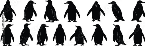 Penguin silhouette collection, walking penguins clipart, black penguin vector art, standing penguin poses, wildlife bird illustration, Antarctic animal graphic, flat penguin design set