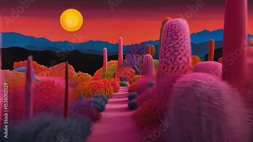 A vibrant desert landscape with colorful cacti under a glowing sunset.