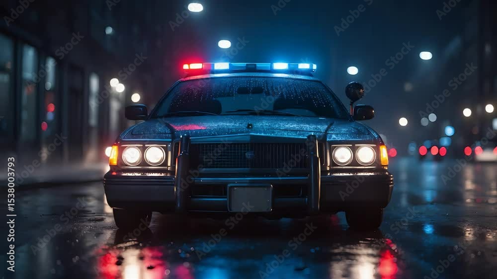 Police Car Night City Street Red Blue Lights Rainy Road Urban Patrol Scene Police Car Night City Street Red Blue Lights Rainy Road Urban Patrol Scene