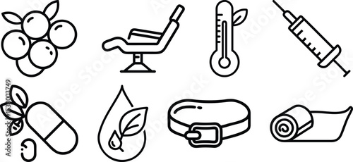 set of hand drawn icons  Healthy Lifestyle Vector Icons Superfood berries cluster, Therapy session chair, on white background