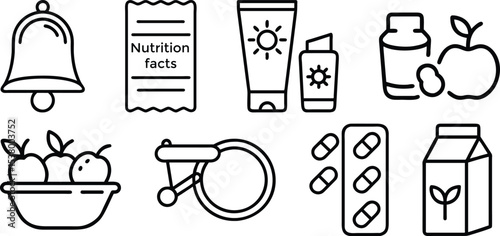 Healthy Lifestyle Vector Icon set of Mindfulness bell, Nutrition facts label , on white background  