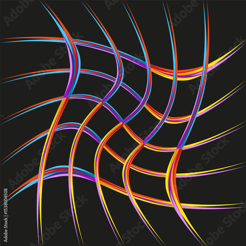 Curved neon lines. Abstract vector pattern. Black background grid. Colorful motion shape.