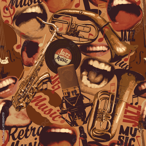 Jazz music theme seamless pattern with singing mouths, vinyl records and musical instruments. Vector background, wallpaper, wrapping paper, fabric, poster, flyer, cover, t-shirt design. No ai used