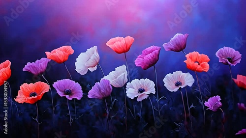 Vibrant array of colorful flowers blooming in a dreamy purple backdrop.
