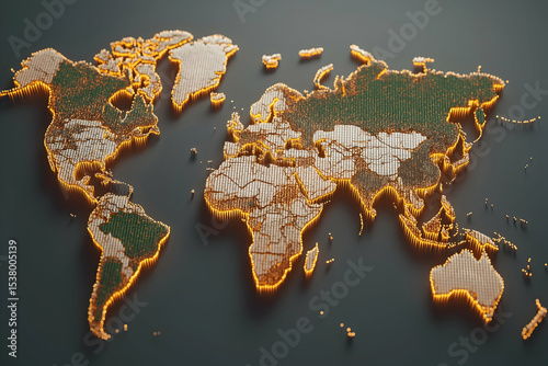 A stylized world map composed of vertical bars in various colors representing continents and countries on a dark background.
