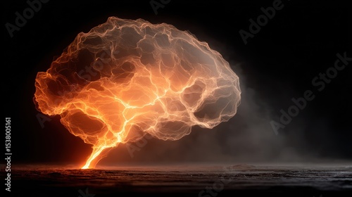 Abstract representation of brain with fiery illumination in a dark environment