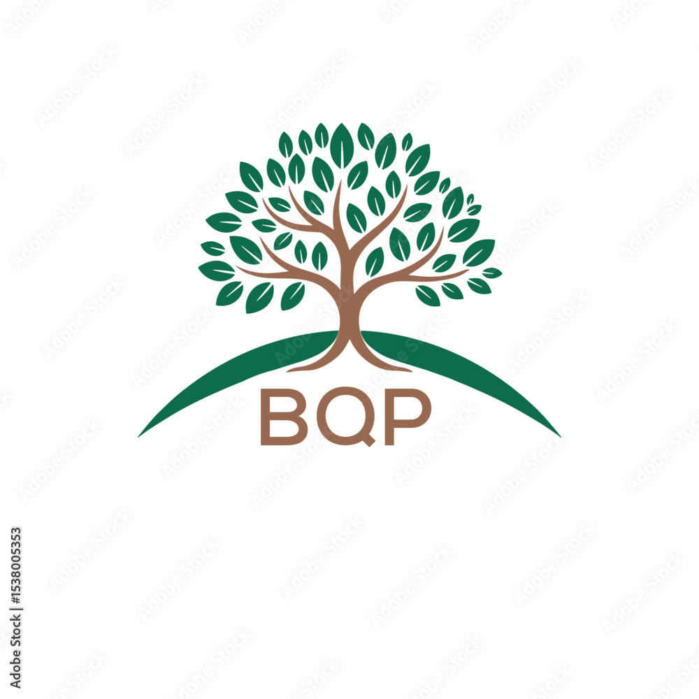 Obraz premium Eco Tree Logo with BQP Text – Green Nature Concept Emblem Design. BQP Letter Logo. 