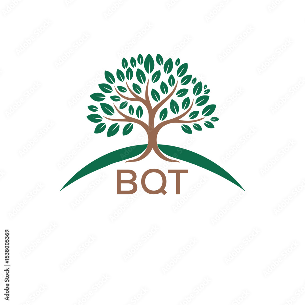 Obraz premium Eco Tree Logo with BQT Text – Green Nature Concept Emblem Design. BQT Letter Logo. 