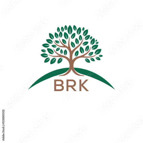Eco Tree Logo with BRK Text – Green Nature Concept Emblem Design. BRK Letter Logo.
