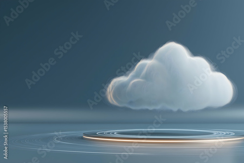 A soft, glowing cloud floats above a calm water surface, creating gentle ripples in a serene, minimalist blue-gray environment.