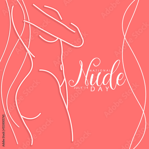 National Nude Day to celebrate on July 14th. Line art illustration of a woman's body shape with long hair on a dark pink background.