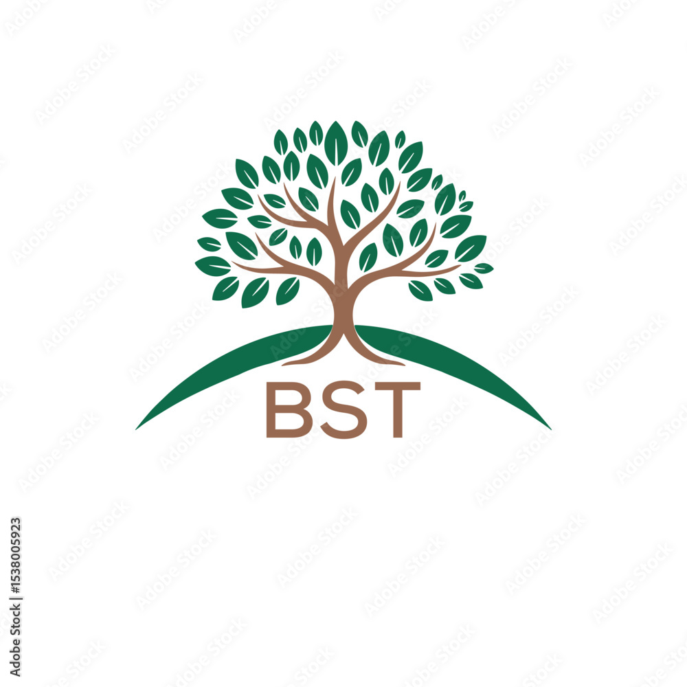 Obraz premium Eco Tree Logo with BST Text – Green Nature Concept Emblem Design. BST Letter Logo. 