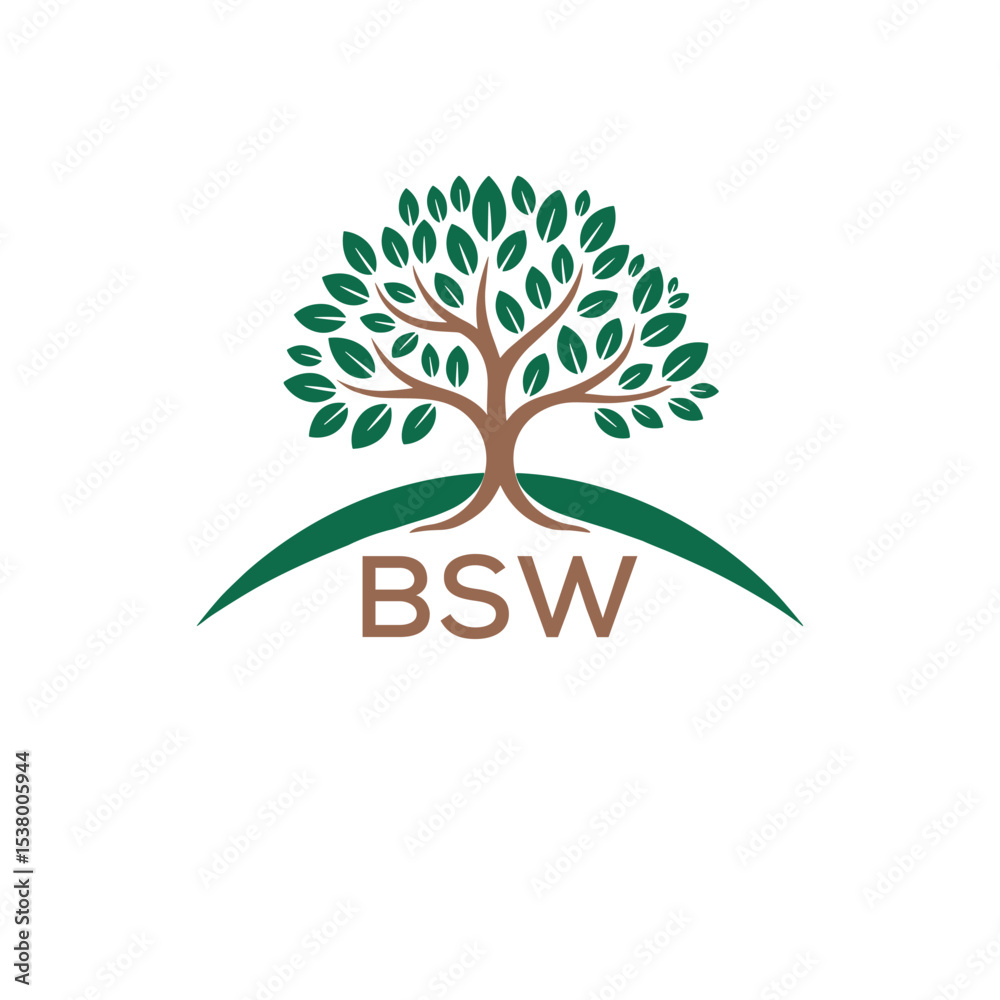 Obraz premium Eco Tree Logo with BSW Text – Green Nature Concept Emblem Design. BSW Letter Logo. 
