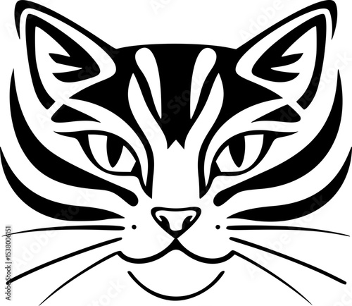 Cute Pet Domestic Cat Black and White Vector. Cat SVG Silhouette. House Cat Emblem. Cute Kitten Clean Illustration.