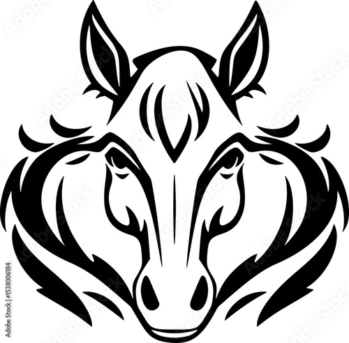 Stylized Horse Portrait Vector. Black and White Wild Horse Silhouette SVG. Monochrome Equine Stencil 