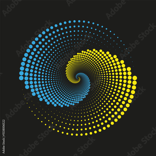 Swirling dot spiral. Blue yellow vector. Radial vortex shape. Black circular background.