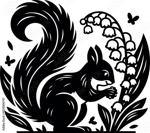 Tiny Squirrel harvesting berries close to fragrant Lily of the Valley blossoms in nature

