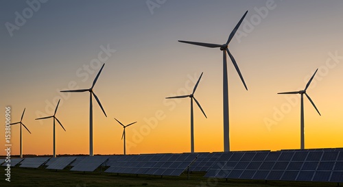 Wind Turbine and Solar Panel at Sunset