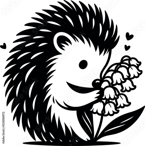 Adorable hedgehog smelling delicate Lily of the Valley in a fresh green meadow
