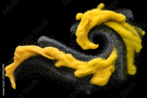 Abstract yellow powder swirl on a black background, creating a dynamic and vibrant visual effect.