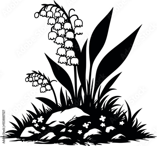 Lily of the Valley blooming gently beside a moss-covered rock in a quiet forest