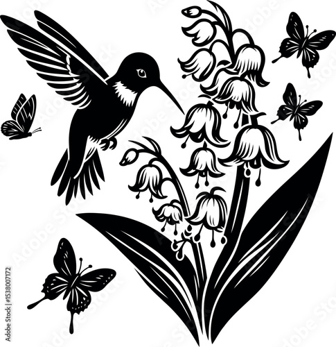 Hummingbird sipping nectar as butterflies surround Lily of the Valley in peaceful forest setting
