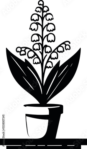 Beautiful Lily of the Valley blooming in a rustic terracotta pot on wooden tabletop