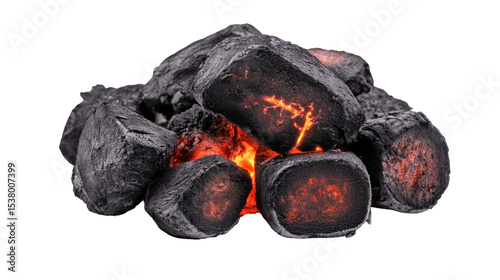 Burning Charcoal with Glowing Embers Displaying Intense Flames Against a Dark Background