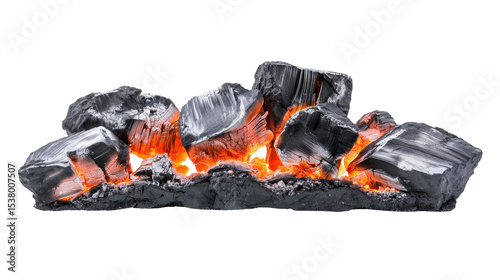 Burning Coal Bed with Glowing Embers and Bright Orange Flames on a Black Background
