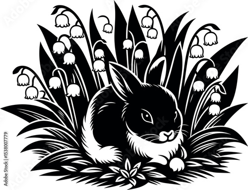 Rabbit comfortably nestled under vibrant green Lily of the Valley bushes in a peaceful garden