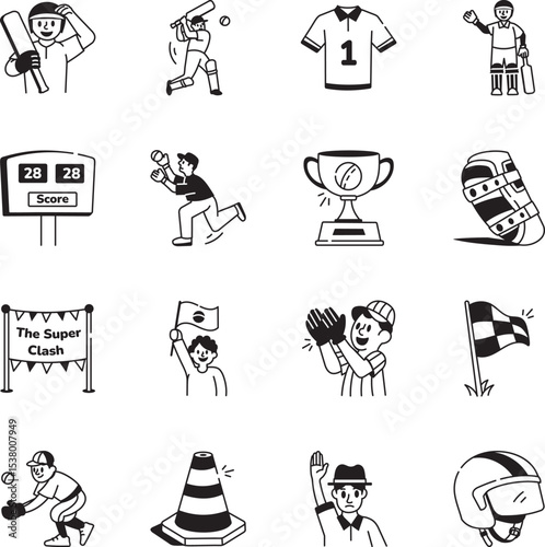 Set of Cricket Match Drawing Style Icons 
