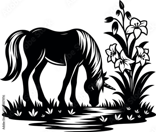Magical unicorn peacefully grazing near a sparkling Lily of the Valley filled stream