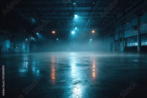 A vast, empty industrial space is bathed in cool blue and warm orange light, reflecting on a polished concrete floor, creating a dramatic and atmospheric scene