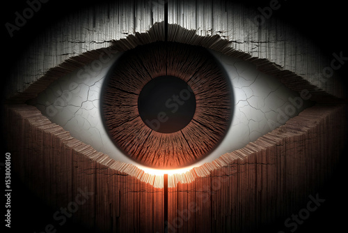 A digital illustration of a large, cracked eye with a glowing light beneath, symbolizing awareness, mystery, or awakening.