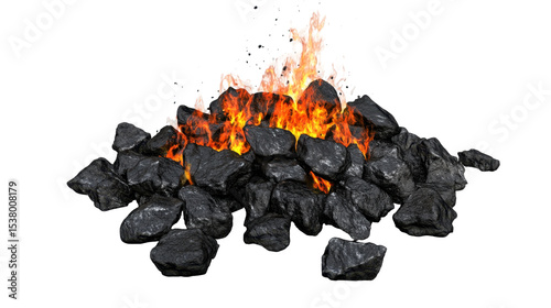 Dynamic Display of Flames Erupting from Black Coals Creating Warmth and Light against Transparent Background