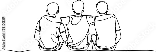 Happy Friendship Day – Three Boys Hugging from Behind, Childhood Friendship, Minimal Line Art Vector Illustration of Happy Boys Sitting Together Celebrating Friendship and Love