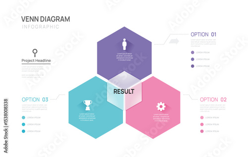 Venn diagram infographic chart template for business 3 steps presentation with Glassmorphism Button and icon elements vector illustration.