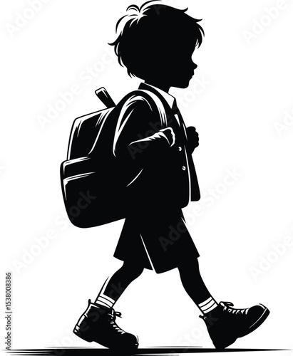 School going kid carrying a school bag silhouette Vector Illustration isolated on a white background