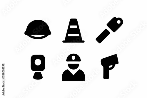 Construction Site Safety Gear and Equipment Icons Set Helmet Cone Camera Scanner Supervisor Icon Illustration