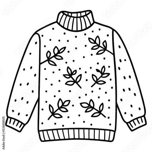 Cozy Autumn Sweater Line Art Minimalist Black-and-White Illustration of a Leafy Design.