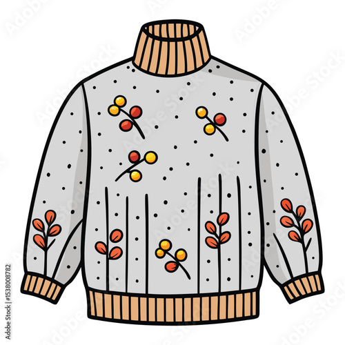 Seasonal Sweater Art  Black-and-White Line Art of a Leafy Autumn Design.