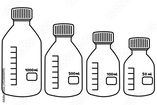 Set of Laboratory Reagent Bottles with Volume Labels – Line Art Vector